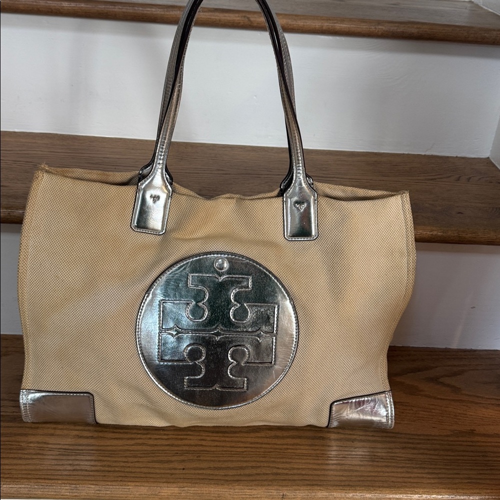Tory Burch large Ella Metallic Silver Logo Tote Bag handbag canvas holiday